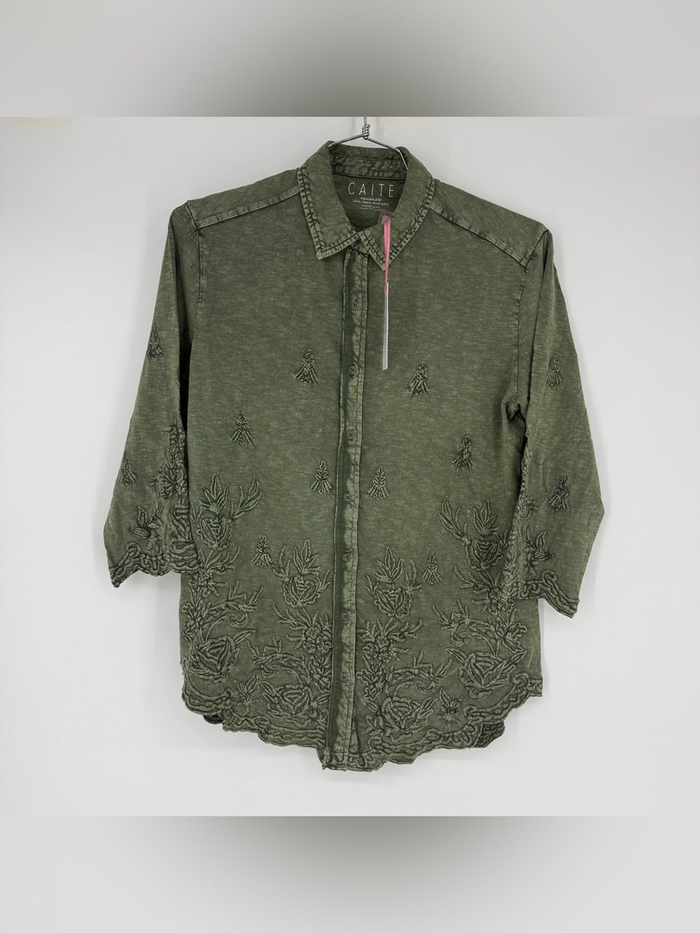 Kyla Seo Caite Karyn Jo Shirt Top Embroidered Flexible Dark Green NWT